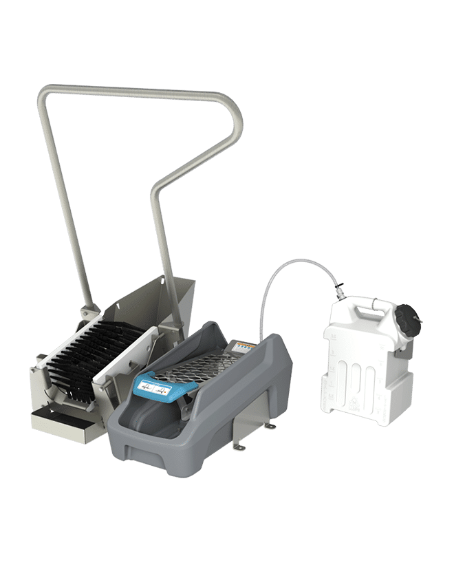 Airless Footwear Sanitizing Unit with Boot Scrubber